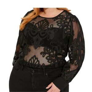 Torrid Mesh With Embroidery Long Sleeve Blouse Black